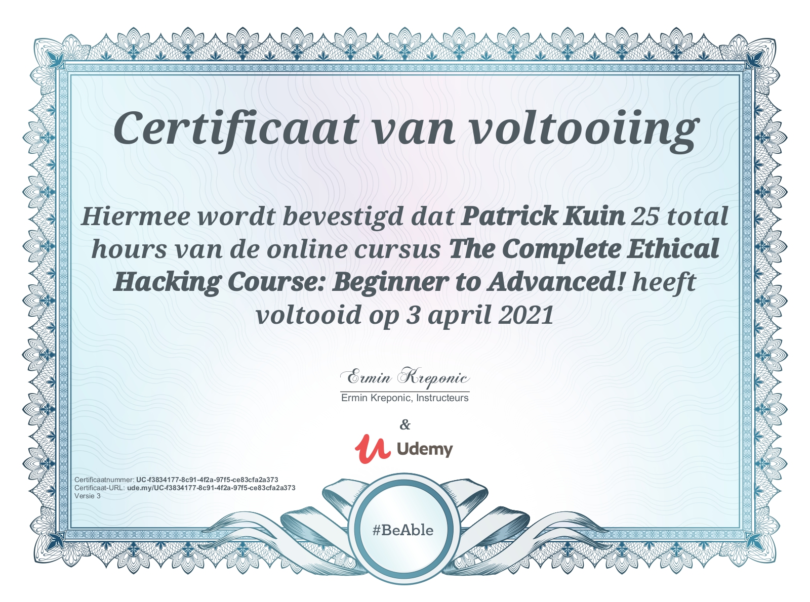 Ethical Hacking Course Certificate