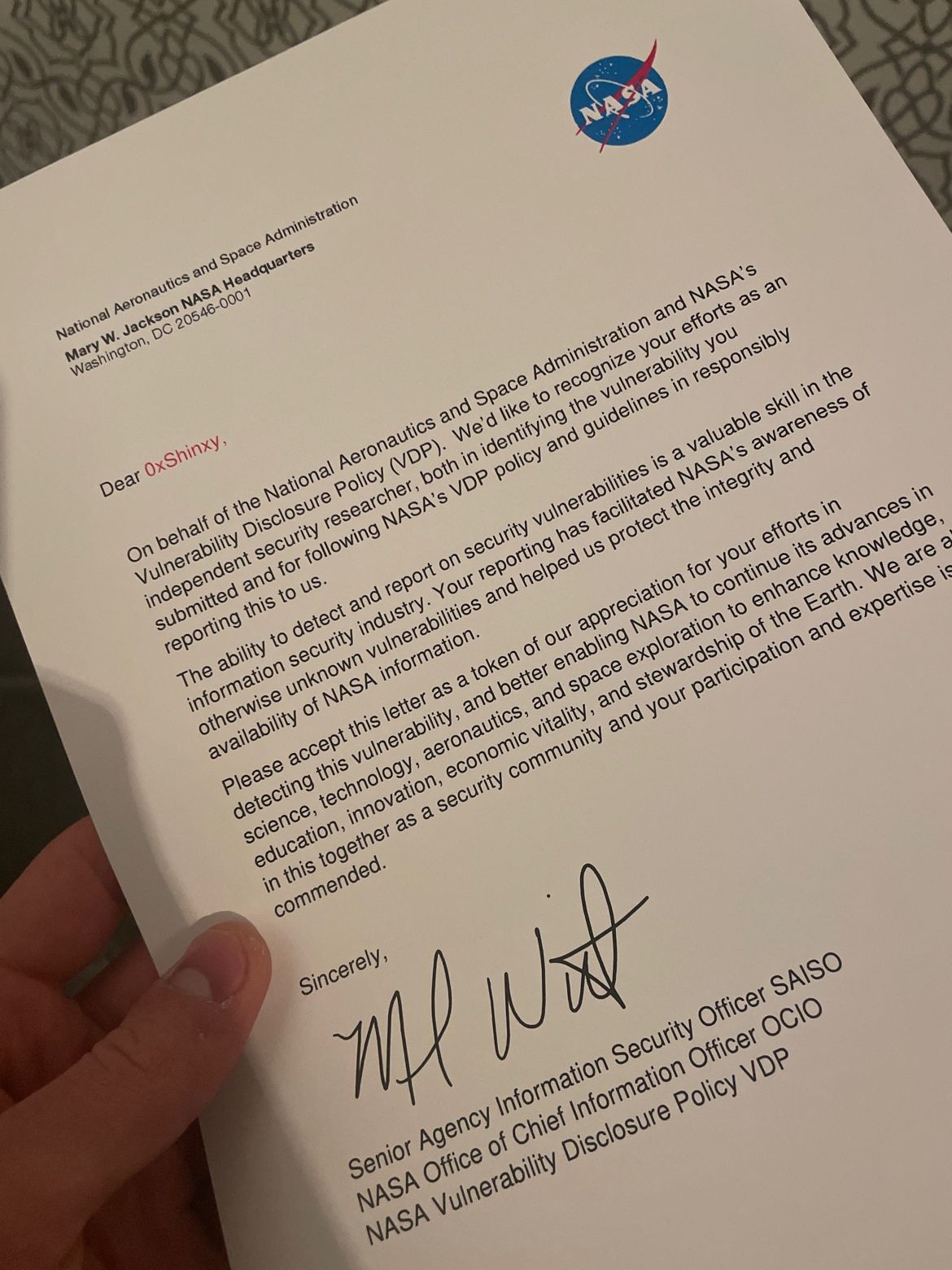 NASA Thank You Letter